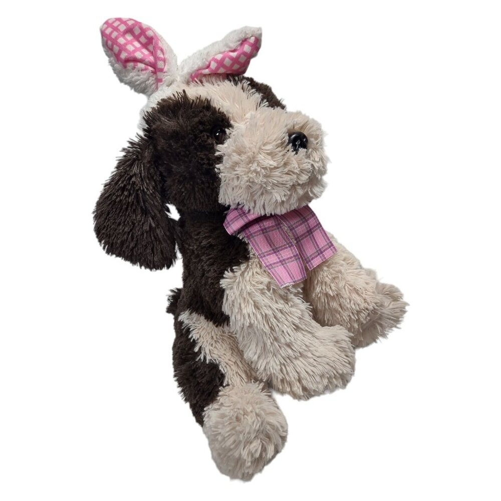 Brown & Beige Plush Dog Toy With Pink Plaid Bunny Ears & Bow 14 Inches